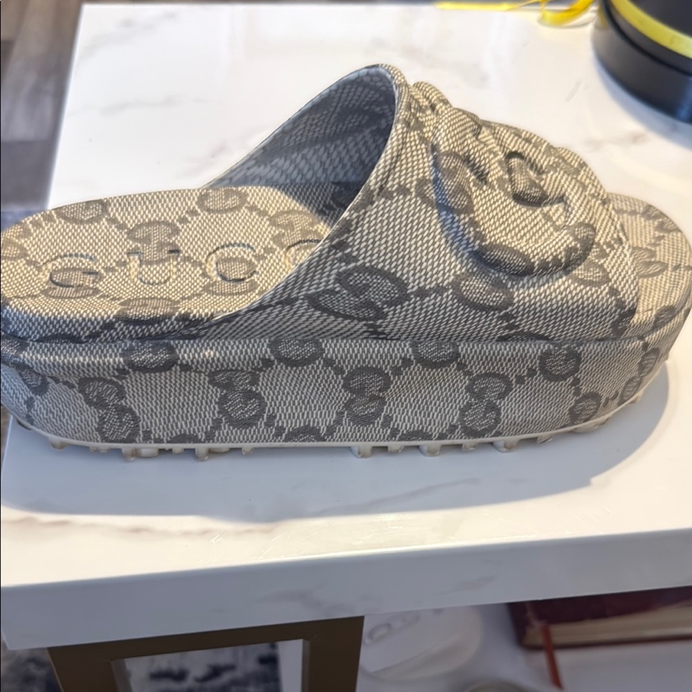 Gucci Gray Platform Sandals with Monogram Print
